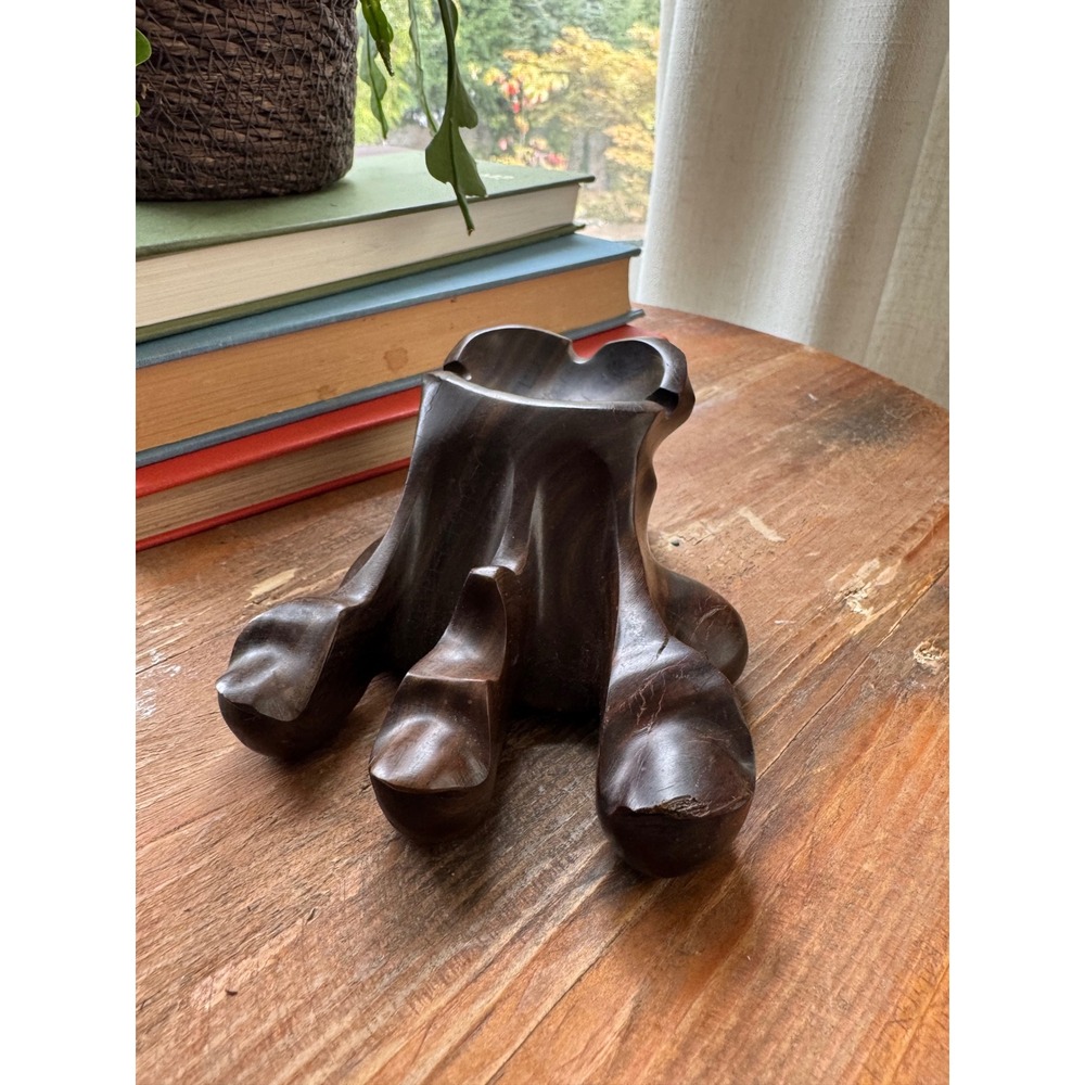Vintage Hand Carved Abstract Foot Wood Ashtray Pipe Stand Tree Root Sculpture
